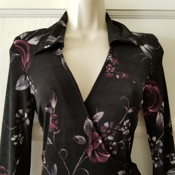 Vintage Dresses & Skirts - Vtg Black Floral Wrap Dress